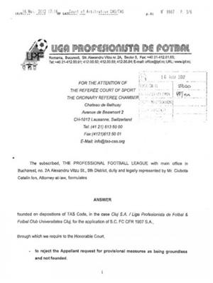 LPF, acuzată de CFR că a minţit Tribunalul de Arbitraj Sportiv