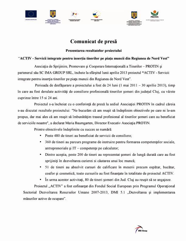Comunicat de presă Prezentarea rezultatelor proiectului 