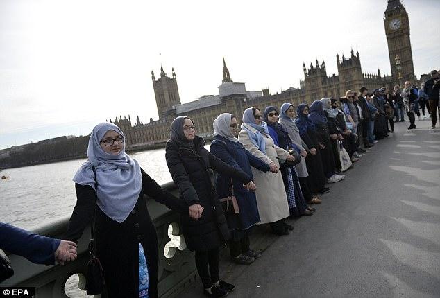Zeci de femei musulmane, de mână, pe podul Westminster din Londra