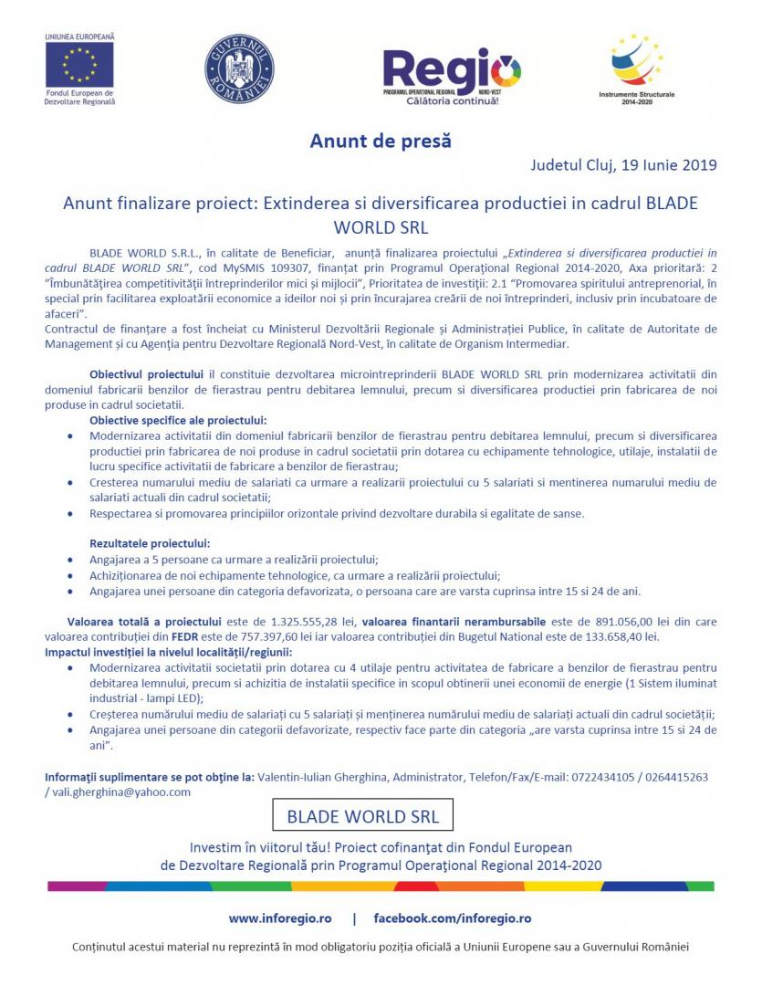 "Extinderea si diversificarea productiei in cadrul BLADE WORLD SRL"