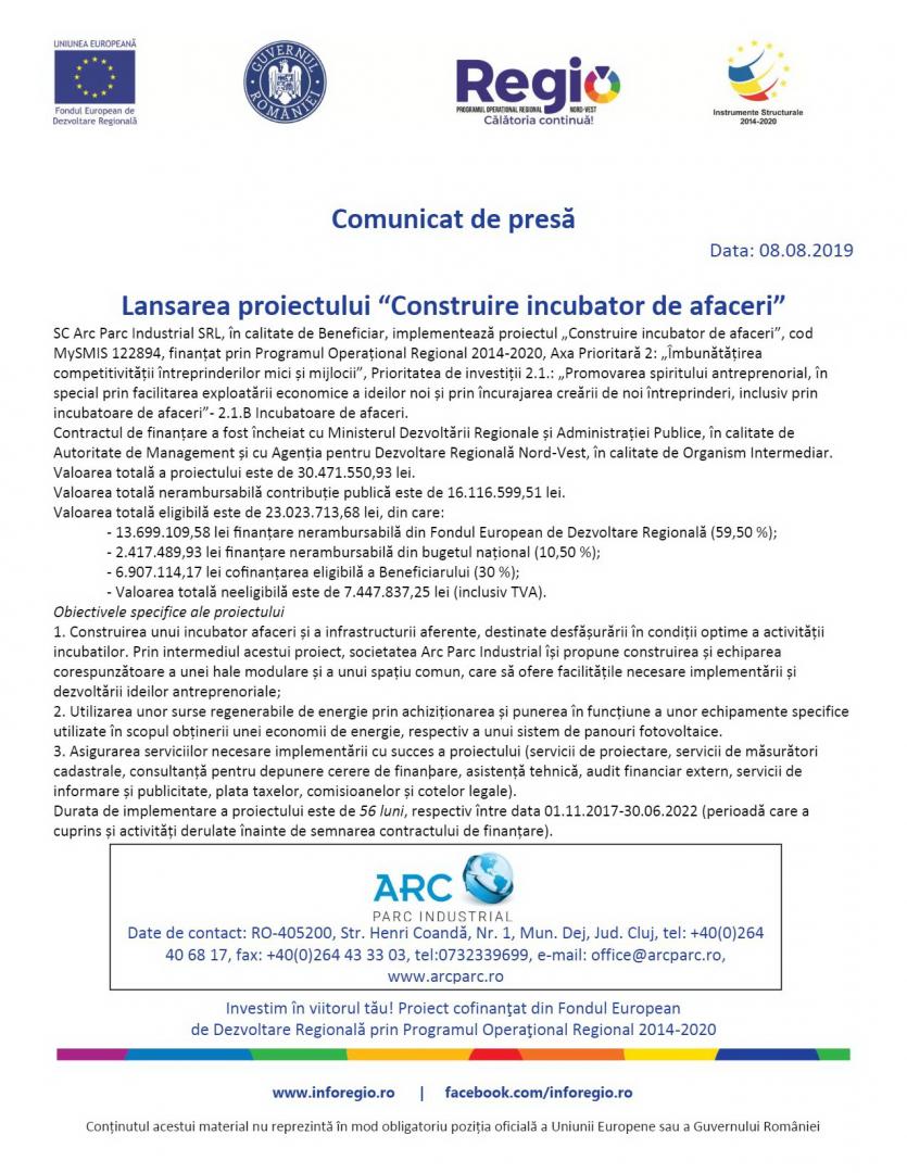 SC Arc Parc Industrial SRL: Lansarea proiectului “Construire incubator de afaceri”