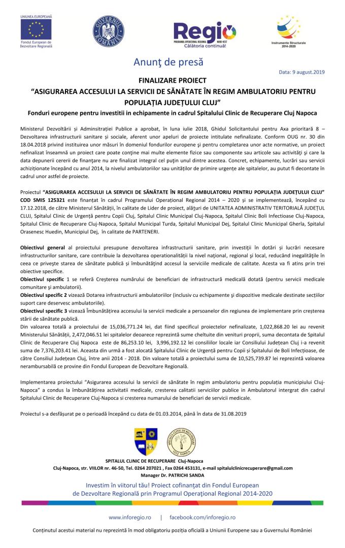 “ASIGURAREA ACCESULUI LA SERVICII DE SĂNĂTATE ÎN REGIM AMBULATORIU PENTRU POPULAȚIA JUDEȚULUI CLUJ”
