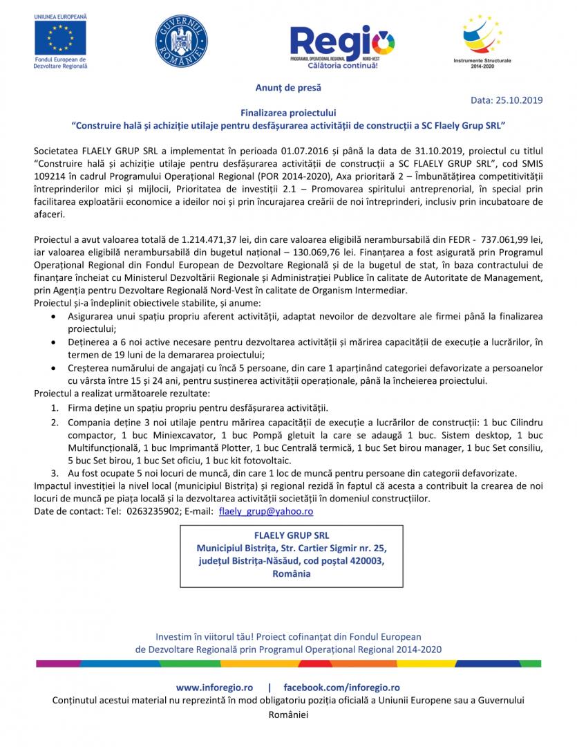“Construire hală și achiziție utilaje pentru desfășurarea activității de construcții a SC Flaely Grup SRL”
