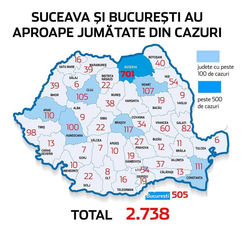 Harta cazurilor din România pe judeţe. Clujul, pe locul 6 naţional