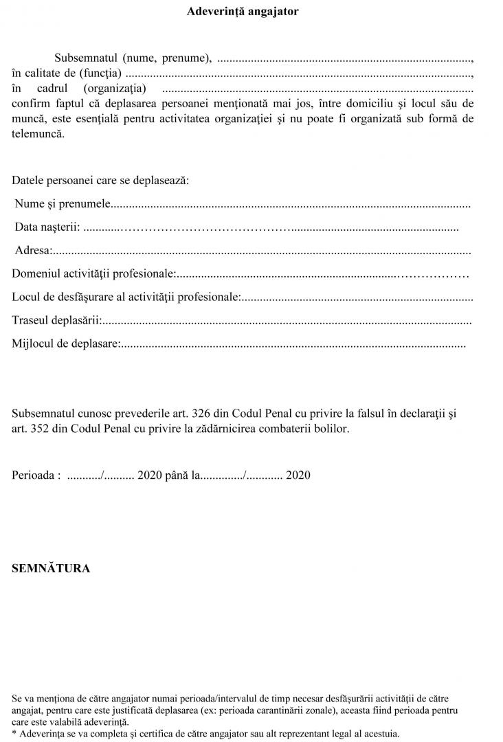 Cum arată DECLARAȚIA pe propria răspundere și ADEVERINȚA de la angajator pentru localitățile vecine Clujului aflate în CARANTINĂ