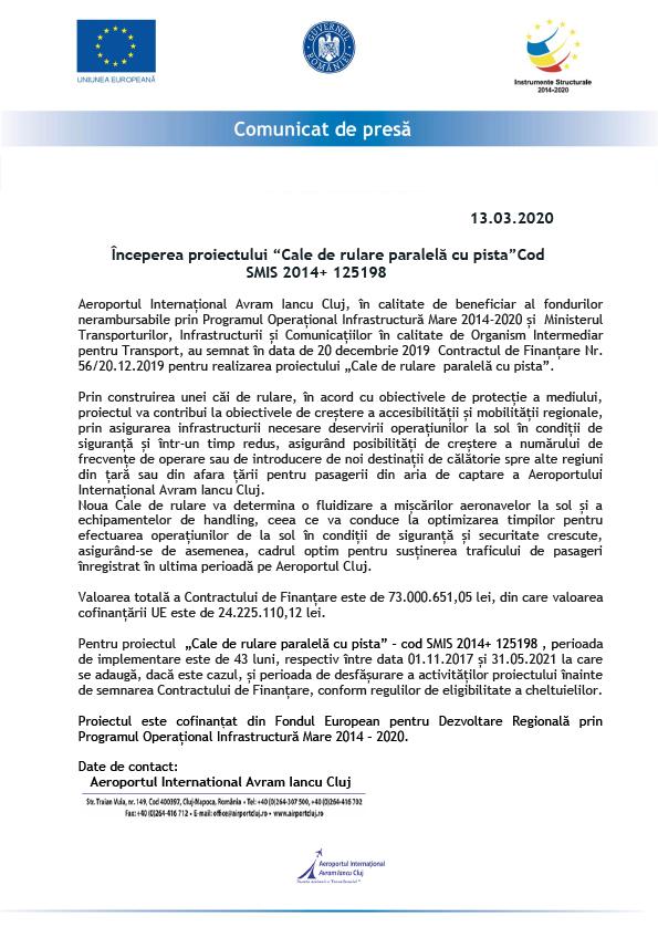 COMUNICAT DE PRESĂ - Începerea proiectului “Cale de Rulare paralelă cu pista” Cod SMIS 2014+ 125198