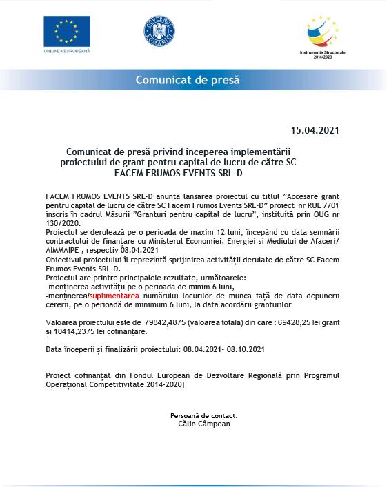Comunicat de presă privind începerea implementării proiectului de grant pentru capital de lucru de către SC FACEM FRUMOS EVENTS SRL-D