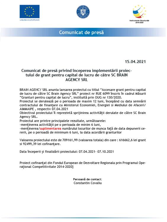 Comunicat de presă privind începerea implementării proiectului de grant pentru capital de lucru de către SC BRAIN AGENCY SRL