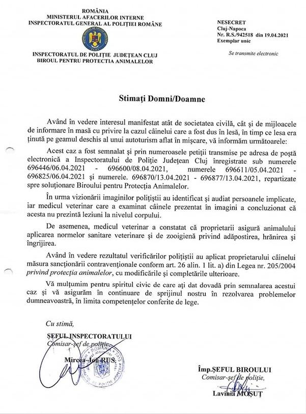 Vă amintiţi cazul câinelui legat cu o sfoară şi târât după mașină pe o stradă din Cluj? Poliţia ne spune că veterinarul care a examinat patrupedul e d