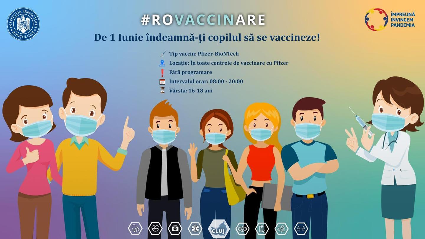 Campanie de vaccinare pentru adolescenți, de 1 Iunie, în centrele din Cluj. Cum se procedează