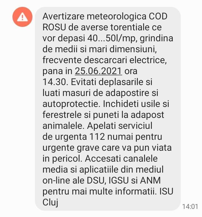 Mesaj RO-ALERT pentru clujeni: COD ROȘU de fenomene meteorologice extreme în următoarea oră