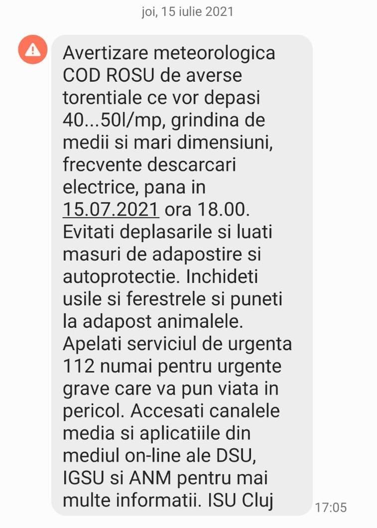 Clujul, sub COD ROȘU de furtuni. Au fost transmise mesaje de avertizare RO-ALERT