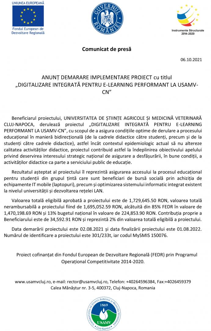 ANUNT DEMARARE IMPLEMENTARE PROIECT