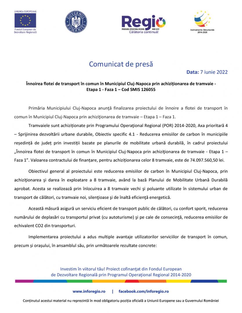 Înnoirea flotei de transport în comun în Municipiul Cluj-Napoca prin achiziționarea de tramvaie - Etapa 1 - Faza 1 – Cod SMIS 126055