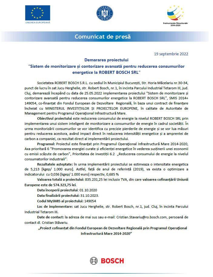 Demarează proiectul "Sistem de monitorizare și contorizare avansată pentru reducerea consumurilor energetice la ROBERT BOSCH SRL"