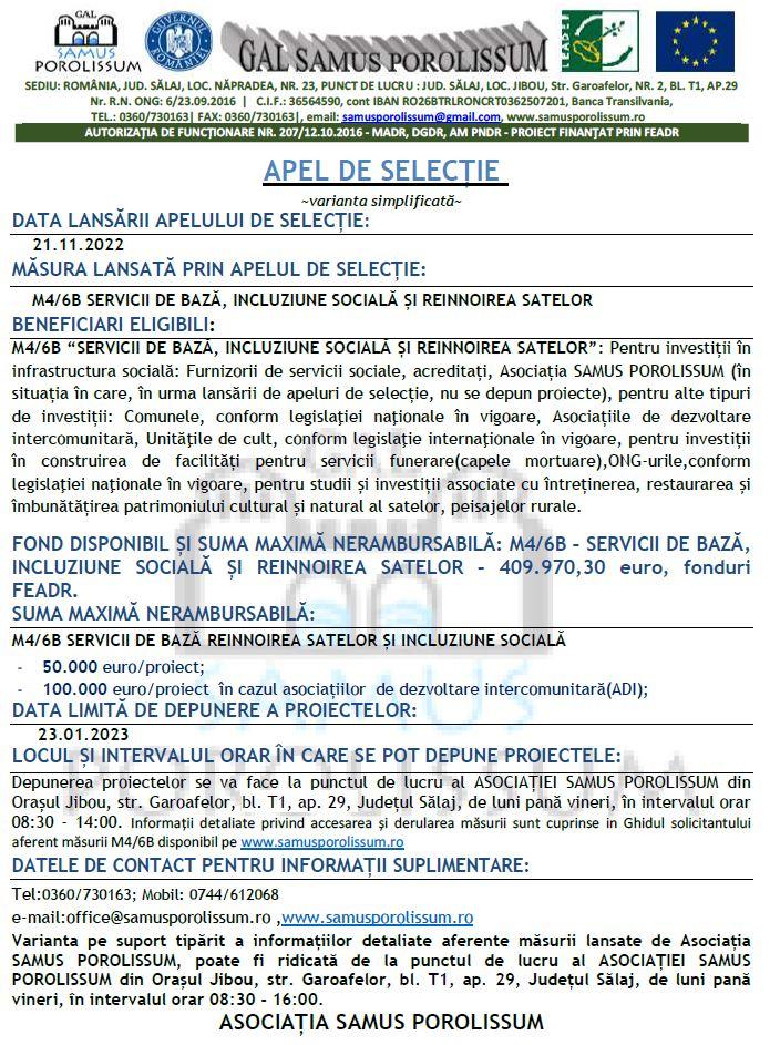 Asociația Samus Porolissum anunță lansarea APELULUI DE SELECȚIE pentru măsura M4/6B Servicii de bază, incluziune socială și reînnoirea satelor