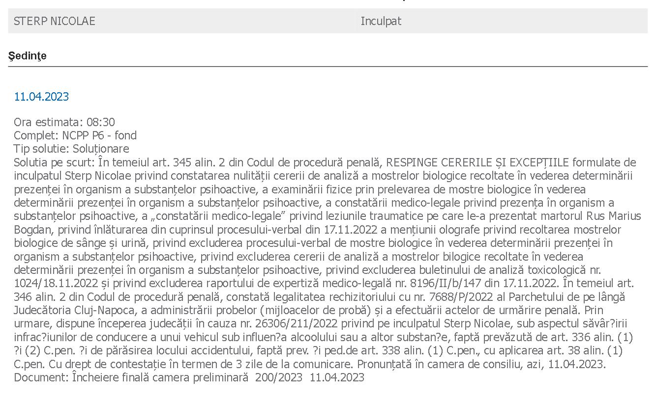 Vești rele pentru cântărețul Culiță Sterp. Rămâne sub control judiciar pentru accidentul produs în Cluj