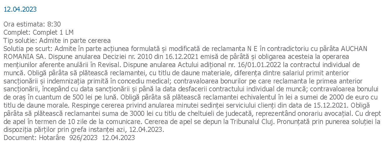 O angajată a învins Auchan la Tribunalul Cluj și primește daune morale de mii de euro