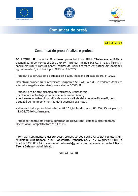 Comunicat de presa finalizare proiect SC LATUIA SRL