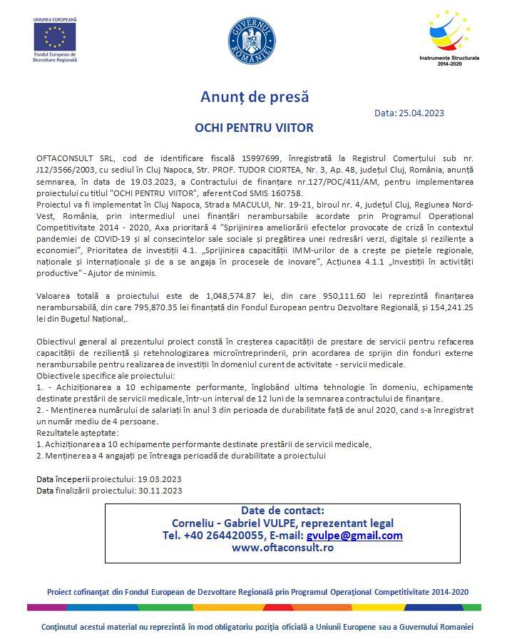 OCHI PENTRU VIITOR | OFTACONSULT SRL anunță semnarea Contractului de finanțare pentru implementarea proiectului cu titlul "OCHI PENTRU VIITOR&quo