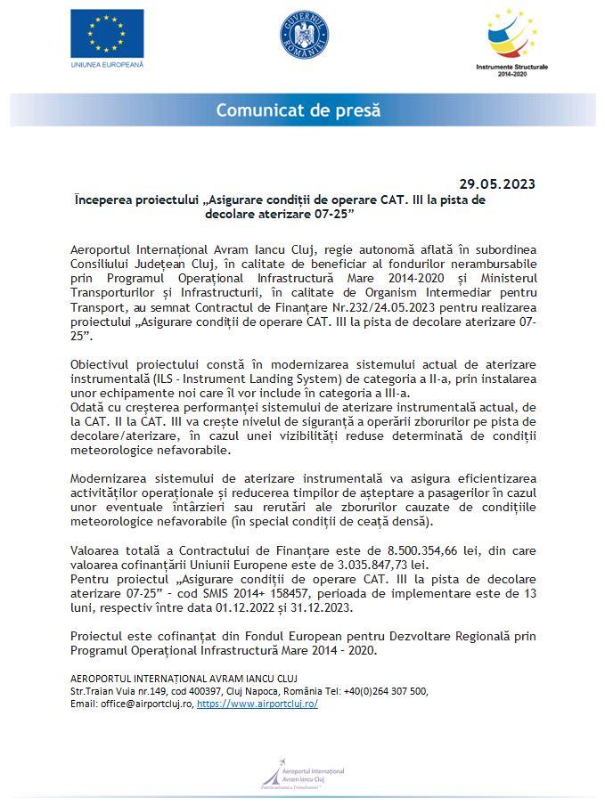 Aeroportul Cluj anunță începerea proiectului „Asigurare condiții de operare CAT. III la pista de decolare aterizare 07-25”