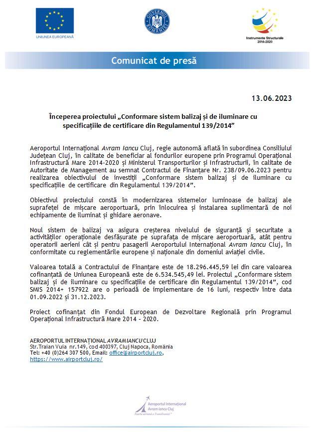 Aeroportul Cluj anunță începerea proiectului „Conformare sistem balizaj și de iluminare cu specificațiile de certificare din Regulamentul 139/2014”