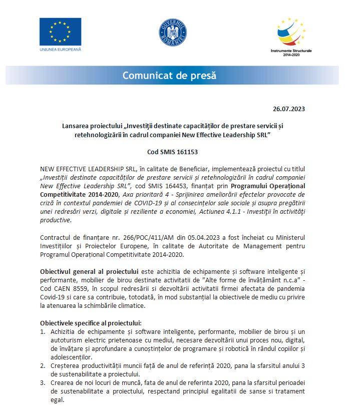 Lansarea proiectului „Investiţii destinate capacităților de prestare servicii și retehnologizării în cadrul companiei New Effective Leadership SRL”