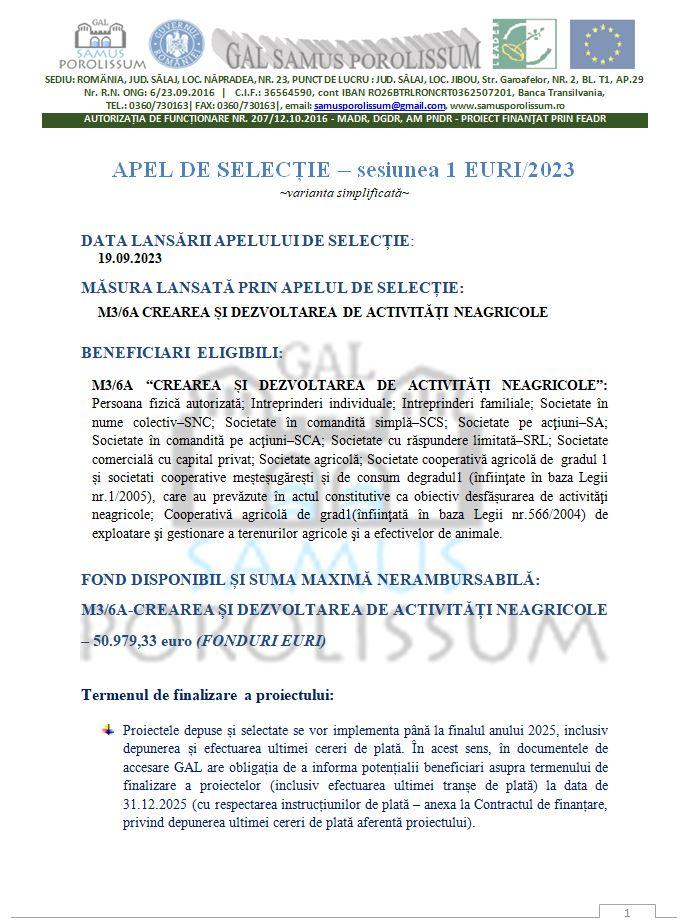 Asociația Samus Porolissum anunță lansarea APELULUI DE SELECȚIE – sesiunea 1 EURI/2023 pentru măsura M3/6A Crearea și dezvoltarea de activități neagri