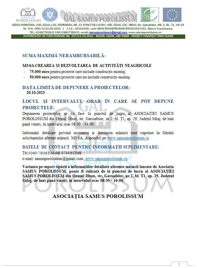 Asociația Samus Porolissum anunță lansarea APELULUI DE SELECȚIE – sesiunea 1 EURI/2023 pentru măsura M3/6A Crearea și dezvoltarea de activități neagri