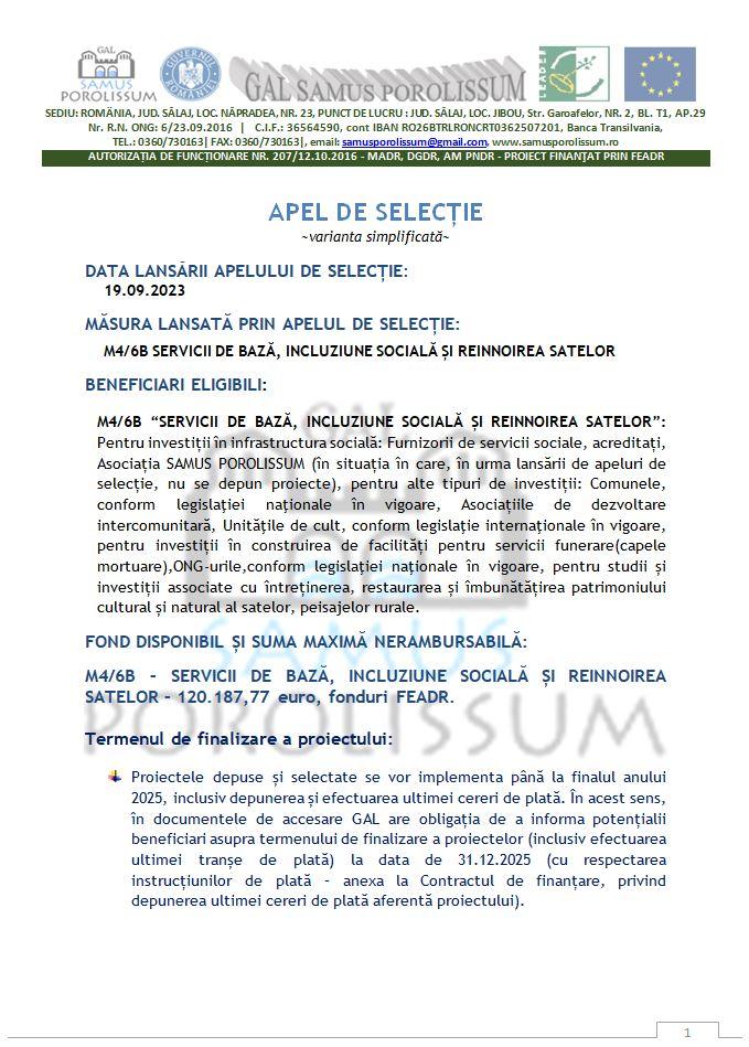 Asociația Samus Porolissum anunță lansarea APELULUI DE SELECȚIE pentru măsura M4/6B Servicii de bază, incluziune socială și reînnoirea satelor