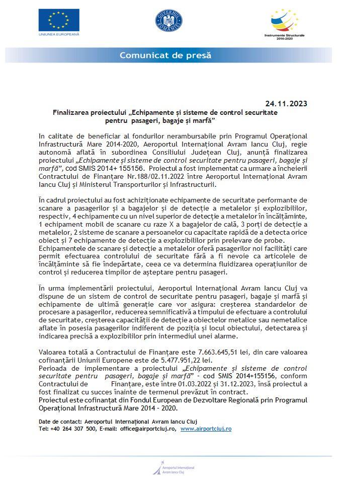 Aeroportul Cluj anunță finalizarea proiectului „Echipamente și sisteme de control securitate pentru pasageri, bagaje și marfă”