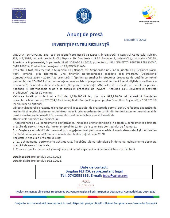 ONCOPAT DIAGNOSTIC SRL anunță implementarea proiectului cu titlul "INVESTIȚII PENTRU REZILIENȚĂ"