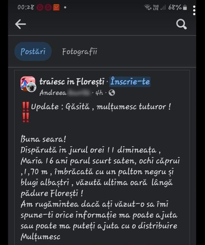 Mobilizare exemplară în Floreşti noaptea trecută pentru găsirea unei adolescente care a dispărut de acasă / A ajuns până la vamă