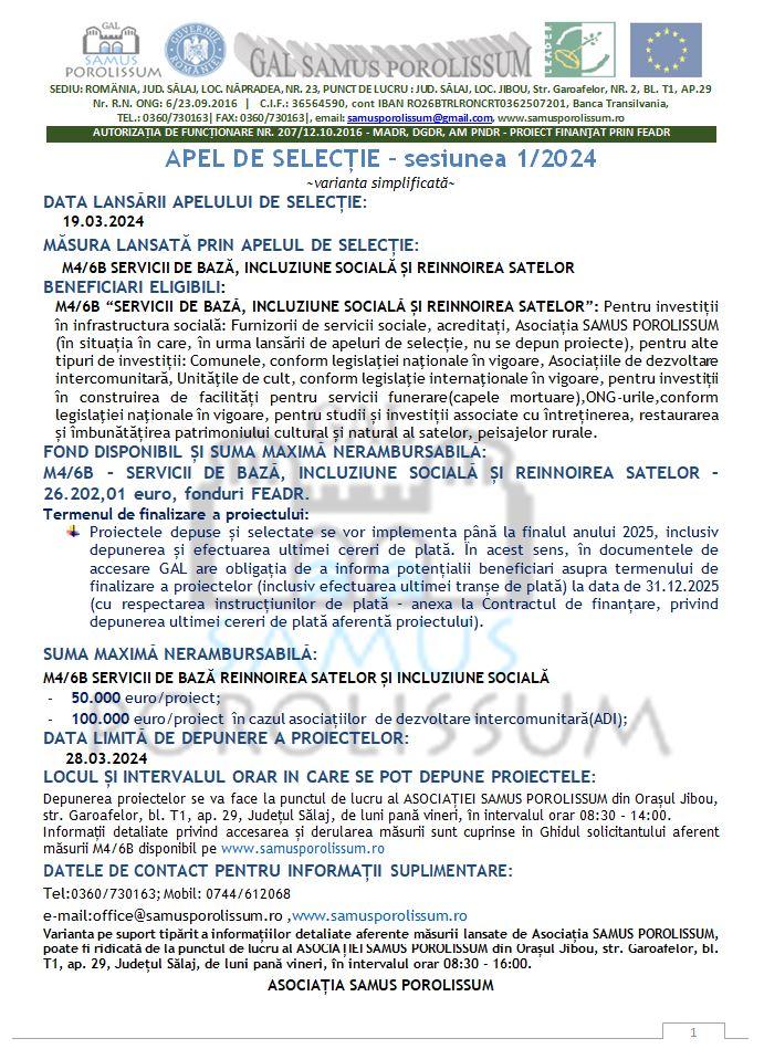 Asociația Samus Porolissum anunță lansarea APELULUI DE SELECȚIE pentru măsura M4/6B Servicii de bază, incluziune socială și reînnoirea satelor