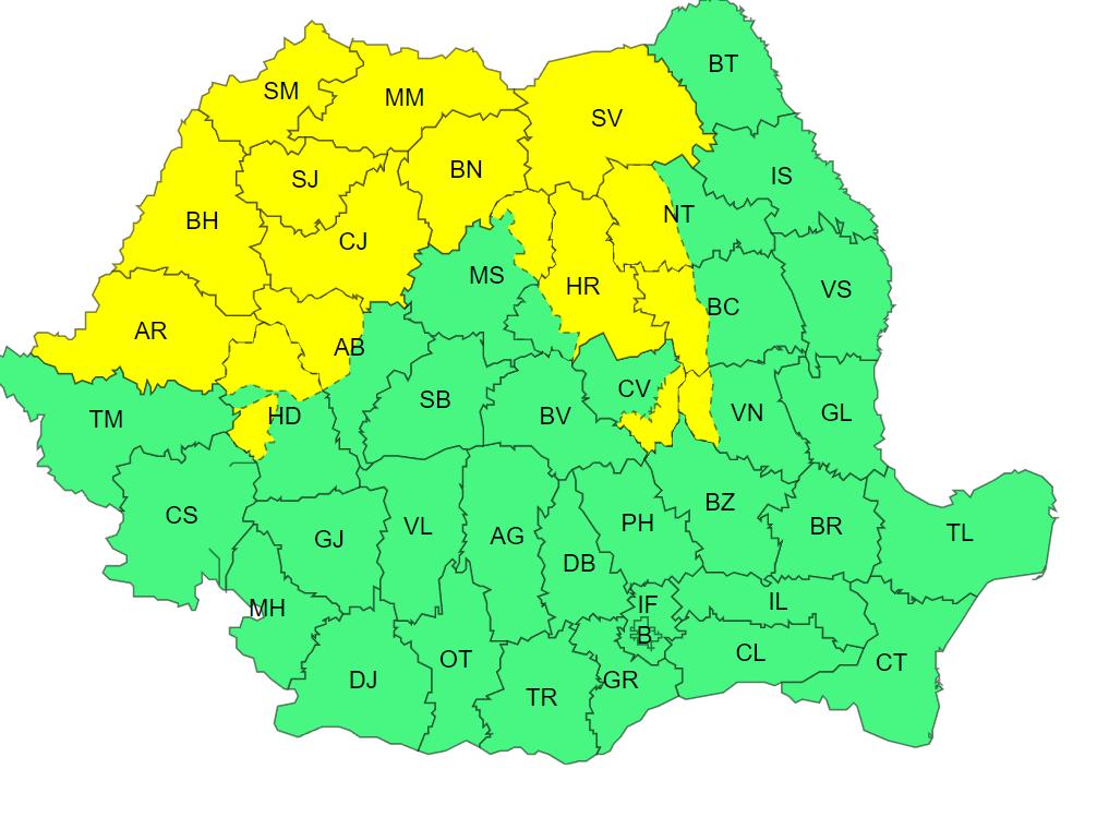 COD GALBEN de vânt și averse în mai multe județe, inclusiv în Cluj. Rafale de până la 70 km/h