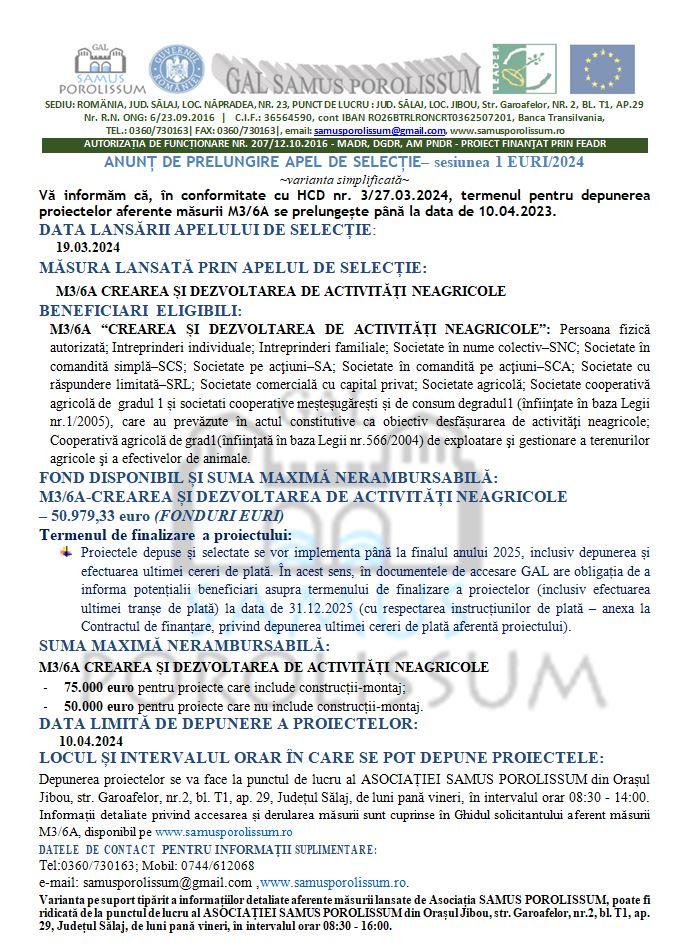 Asociația Samus Porolissum anunță PRELUNGIREA APELULUI DE SELECȚIE – sesiunea 1 EURI/2024 pentru măsura M3/6A