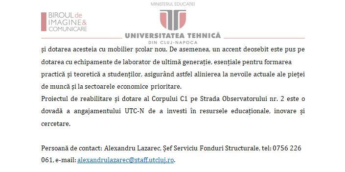 Dezvoltarea infrastructurii educaționale a Universității Tehnice din Cluj-Napoca prin reabilitare și dotare CORP C1 Str. Observatorului, nr. 2, munici