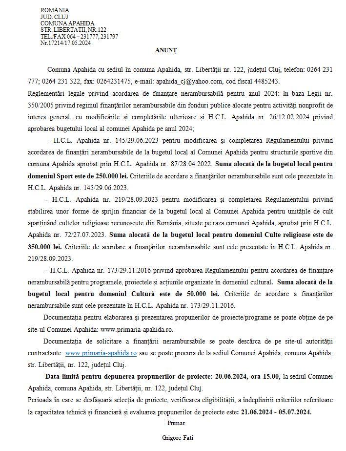 ANUNȚ Reglementări legale privind acordarea de finanţare nerambursabilă pentru anul 2024, Primăria Apahida