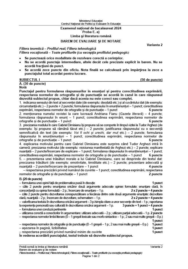 BAC 2024. S-a publicat BAREMUL de corectare la limba română