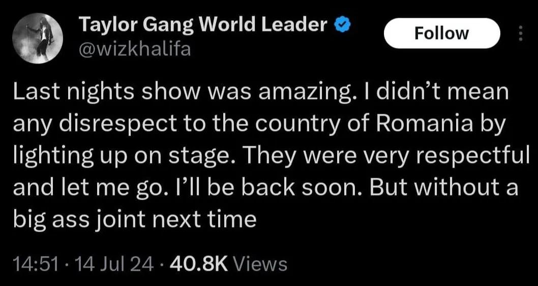 Wiz Khalifa, după ce a fumat canabis pe scenă la festivalul „Beach, Please”: „Voi reveni în curând. Dar fără un joint mare data viitoare”