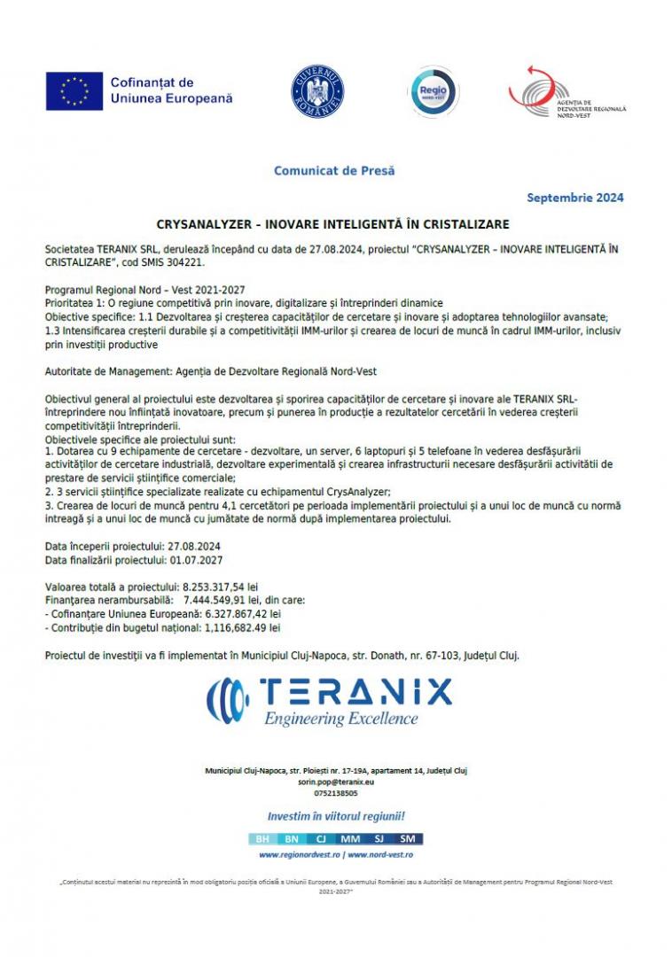 Societatea TERANIX SRL a demarat proiectul “CRYSANALYZER – INOVARE INTELIGENTĂ ÎN CRISTALIZARE”