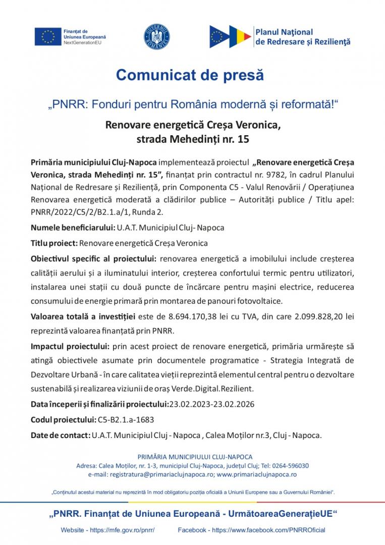 Comunicat de presă - "PNRR: Fonduri pentru România modernă și reformată!" - Renovare energetică Creșa Veronica, strada Mehedinți nr. 15