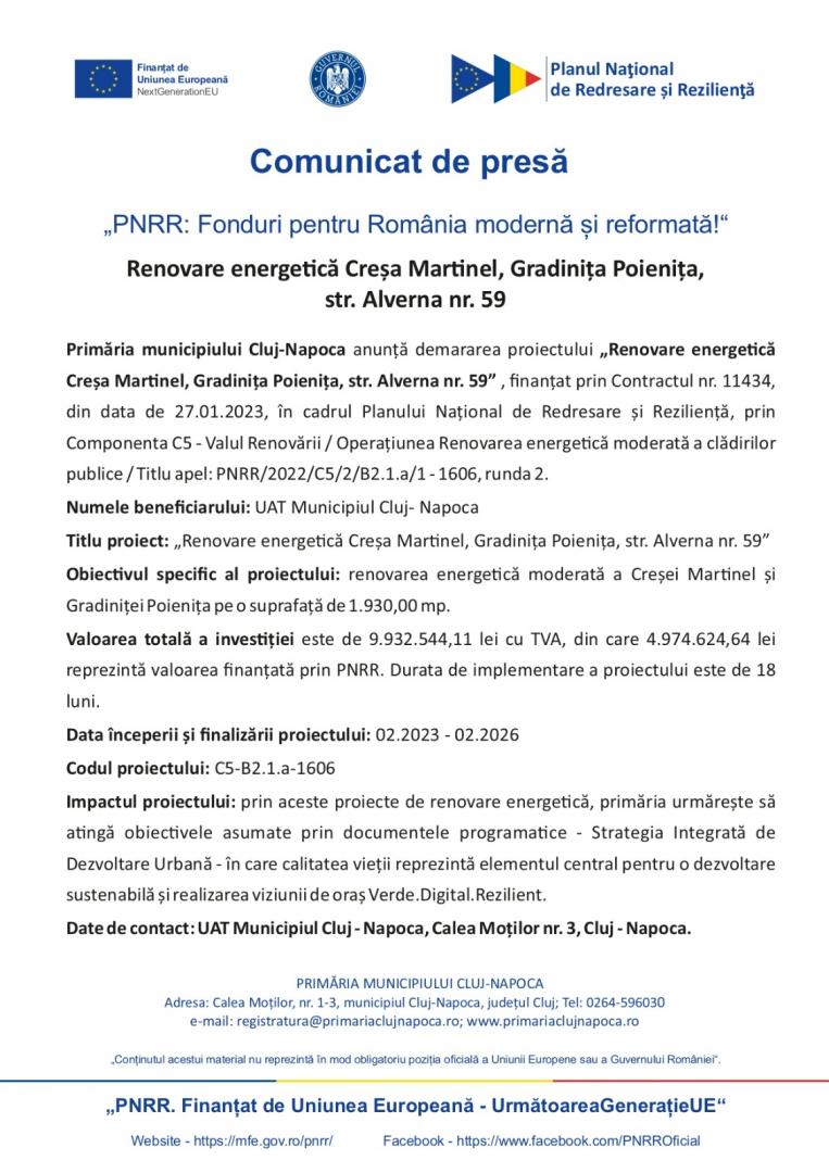 Comunicat de presă - "PNRR: Fonduri pentru România modernă și reformată!" - Renovare energetică Creșa Martinel, Gradinița Poienița, str. Alv