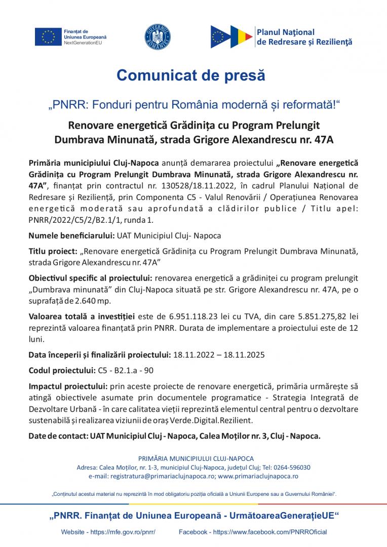 Comunicat de presă - "PNRR: Fonduri pentru România modernă și reformată!" - Renovare energetică Grădinița cu Program Prelungit Dumbrava Minu