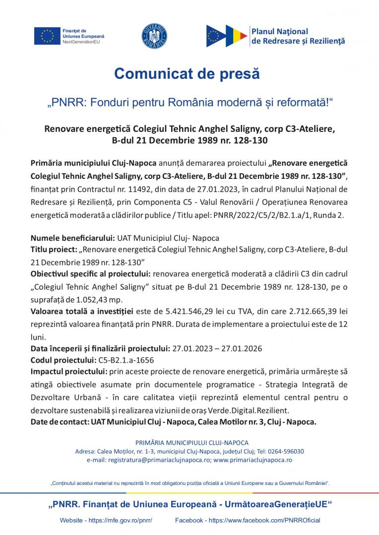 Comunicat de presă - "PNRR: Fonduri pentru România modernă și reformată!" - Renovare energetică Colegiul Tehnic Anghel Saligny, corp C3-Atel