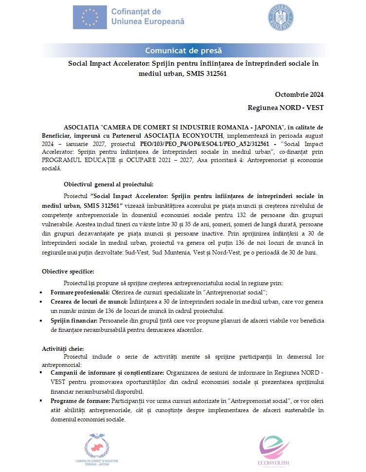 Comunicat de presă - Social Impact Accelerator: Sprijin pentru înființarea de întreprinderi sociale în mediul urban