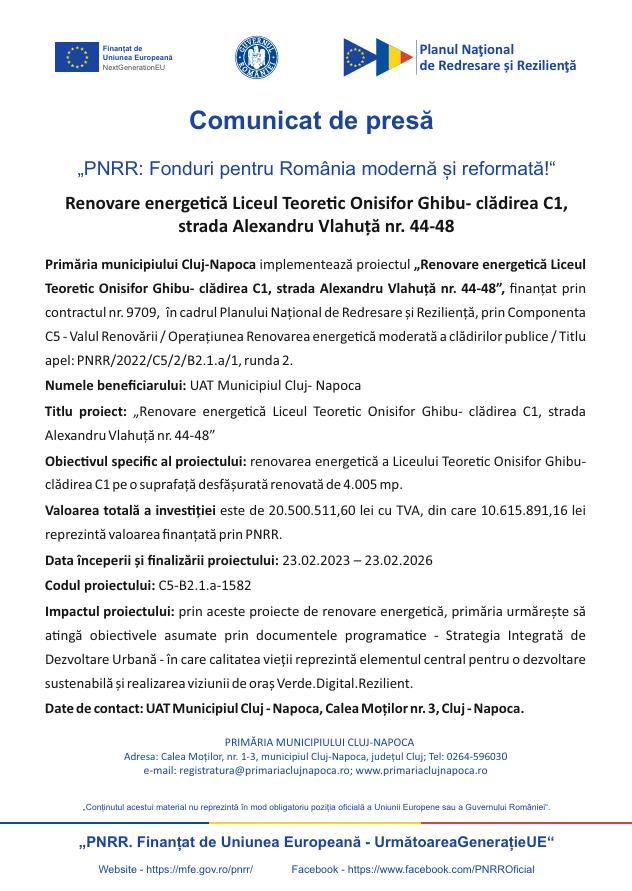 Comunicat de presă - "PNRR: Fonduri pentru România modernă și reformată!" - Renovare energetică Liceul Teoretic Onisifor Ghibu - clădirea C1