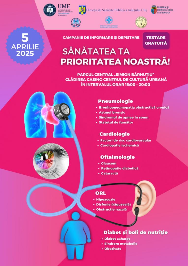 Campania „Sănătatea ta, prioritatea noastră” revine: Consultații gratuite, screening-uri și sfaturi medicale, sâmbătă, în Parcul Central