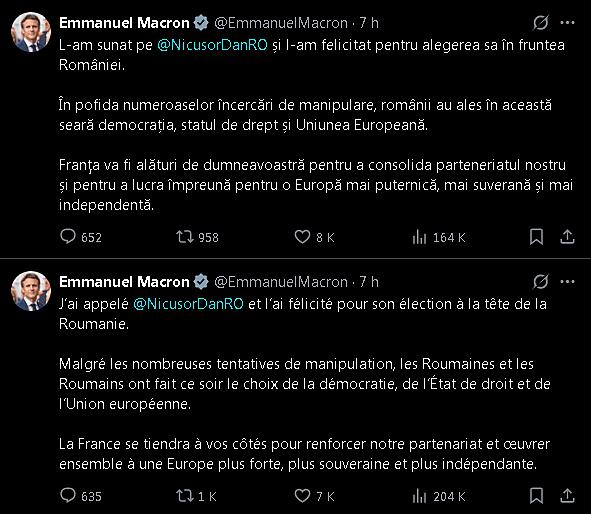 Mesajul în limba română al lui Emannuel Macron pentru președintele ales al României