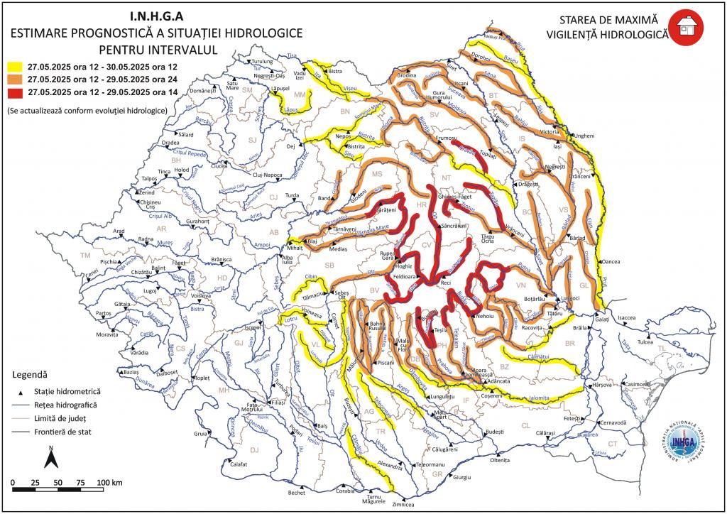 Atenţionări de VIITURI și INUNDAȚII în 11 județe, printre care și Cluj! Zonele cu Cod Roșu, Portocaliu și Galben